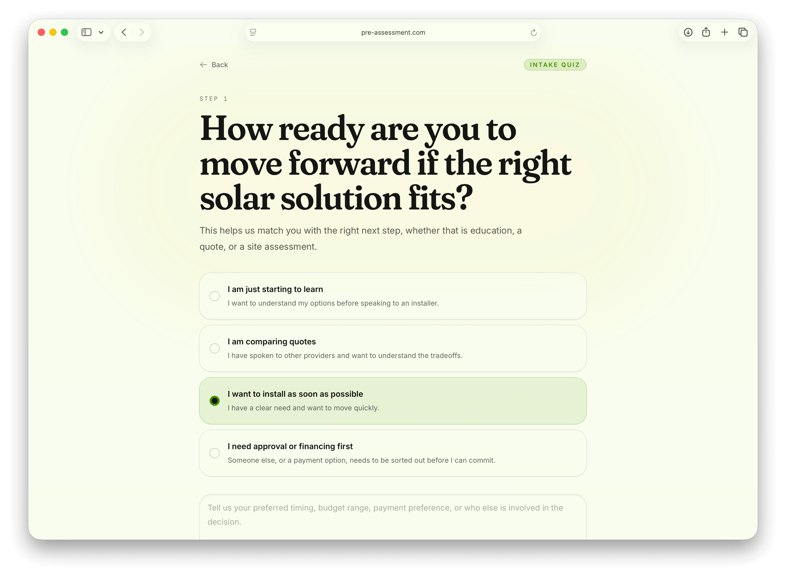 Desktop screenshot of a conversational intake quiz asking a solar readiness question