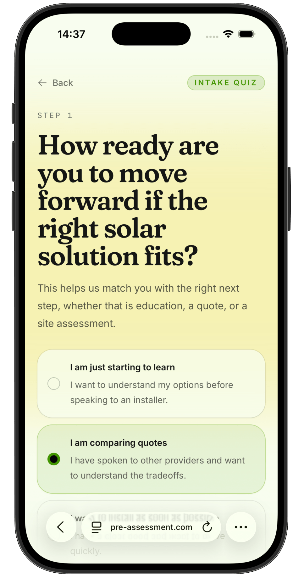 Mobile screenshot of the same conversational intake quiz
